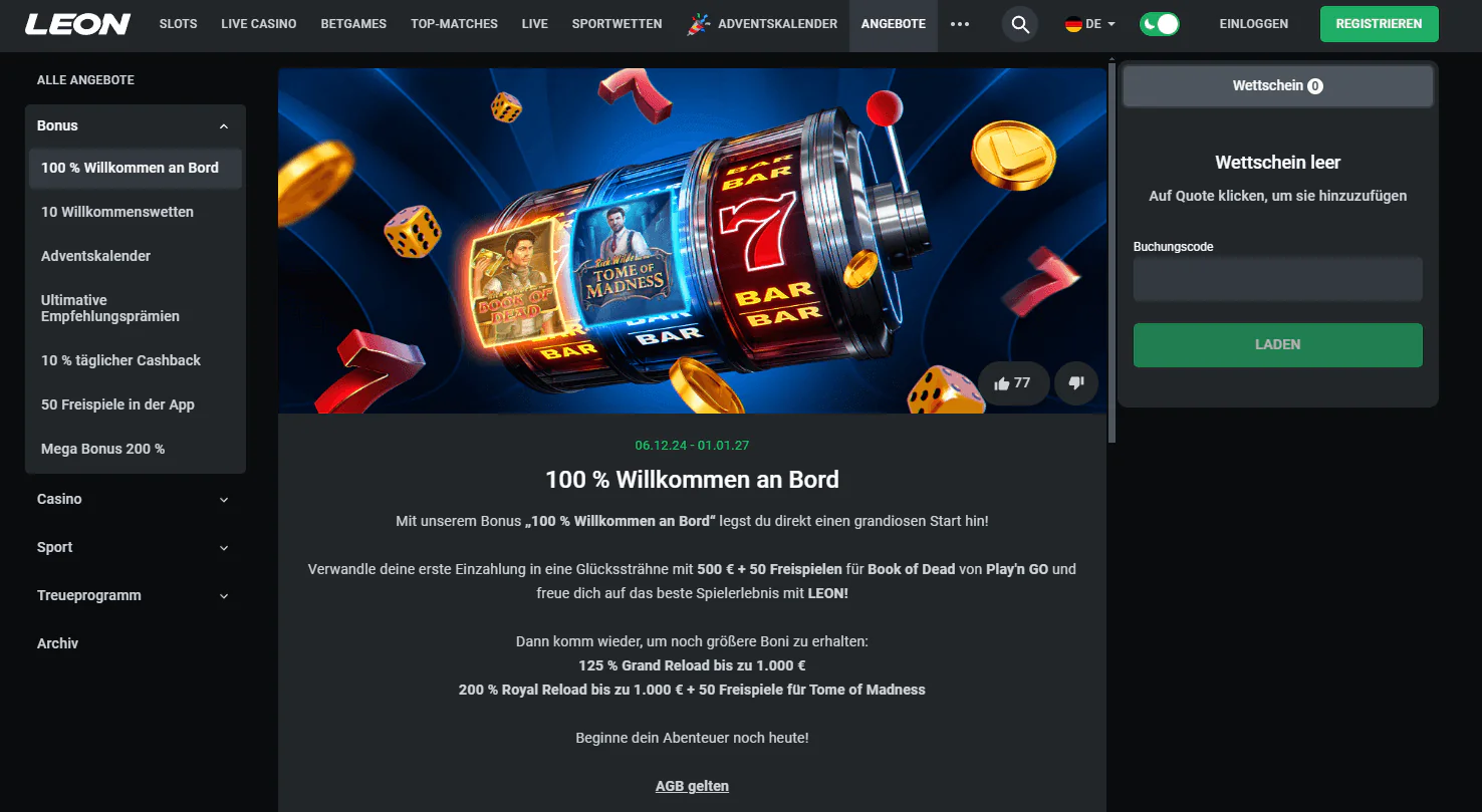 Willkommensbonus von Leon.bet